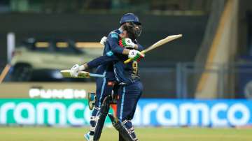 Rahul Tewatia and Rashid Khan celebrating after the win vs SRH on April 27, Wednesday