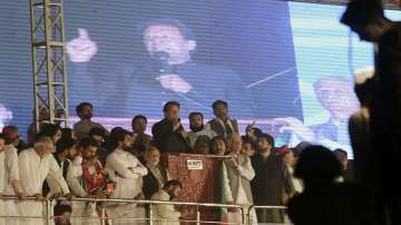 Former Pakistan Prime Minister Imran Khan addresses rally in Peshawar. 
