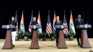 Indian Defense Minister Rajnath Singh and EAM Subrahmanyam Jaishankar with U.S. Secretary of State Antony Blinken and Defense Secretary Lloyd hold a news conference during the fourth U.S.-India 2+2 Ministerial Dialogue at the State Department in Washington