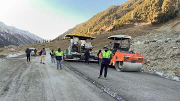 Infrastructure company MEIL workers after completing excavation work of tunnel 1 of the all weather Zojila Tunnel Project that will connect Srinagar to Ladakh.