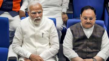 PM Narendra Modi with BJP chief JP Nadda during the BJP Parliamentary party meeting, in New Delhi, Tuesday, April 5, 2022.