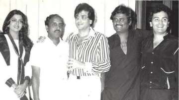 Veteran filmmaker T Rama Rao with Rajinikanth, Jeetendra, Rishi Kapoor