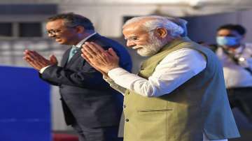Prime Minister Narendra Modi with Director-General of the World Health Organization Tedros Adhanom Ghebreyesus at the foundation stone laying ceremony of WHO Global Centre for Traditional Medicine (GCTM), in Jamnagar.