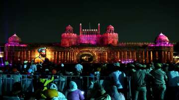 Light show at Red Fort during a programme to mark the 400th Parkash Purab of Guru Teg Bahadur in New Delhi 