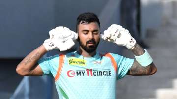 KL Rahul celebrates in his signature style after hitting a 100 vs Mumbai Indians. 