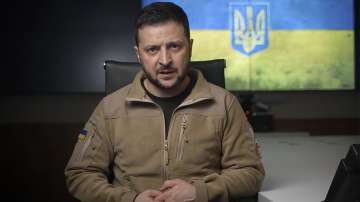 In this image from video provided by the Ukrainian Presidential Press Office, Ukrainian President Volodymyr Zelenskyy speaks from Kyiv, Ukraine, Friday, April 22, 2022.