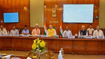 Union Home Minister Amit Shah with J&K Lieutenant Governor Manoj Sinha, Home Secretary Ajay Kumar Bhalla and other officials at a meeting on Amarnath Yatra, in New Delhi.