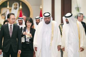 ?In this photo made available by Emirates News Agency, WAM, Monday March 14, 2011, South Korean President Lee Myung Bak, left, meets UAE president Sheik Khalifa bin Zayed Al-Nahyan, 2nd right, and UAE Crown Prince Sheik Mohammed bin Zayed Al-Nahyan in Abu Dhabi, UAE, Sunday March 13, 2011.?