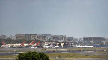 Airplanes halt as both runways of the Mumbai airport are shut for 6 hours between 11 am to 5 pm to carry out pre-monsoon maintenance and repairs, in Mumbai.