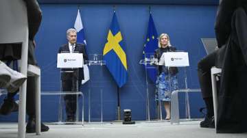 President of Finland Sauli Niinisto, left, and Swedish Prime Minister Magdalena Andersson attend a joint news conference in Stockholm, Tuesday, May 17, 2022.