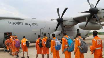 NDRF personnel airlifted to Andaman Nicobar Islands in view of Cyclone Asani, in Arakkonam on Sunday. 