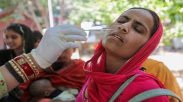 A healthcare worker collects a swab sample of a woman for Covid-19 testing, amid a surge in coronavirus cases, in Jammu on Friday.?