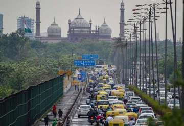 New Delhi: Vehicles move slowly during a traffic jam following heavy rain, at Geeta Colony bridge 