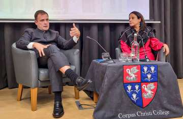 Congress leader Rahul Gandhi speaks during an event at the University of Cambridge, in London, Monday.