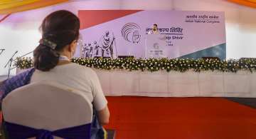 Congress leader Rahul Gandhi speaks during the partys Nav Sankalp Shivir, in Udaipur. Congress interim President Sonia Gandhi is also seen.