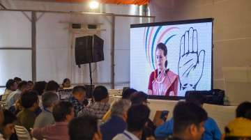 Media personnel listen to virtual address of Congress interim President Sonia Gandhi during the party's Nav Sankalp Chintan Shivir in Udaipur, on Friday.
