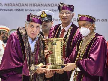  Maharashtra Governor Bhagat Singh Koshyari, Industrialist Ratan Tata and HSNC University Provost Dr. Niranjan Hiranandani, during conferment of honorary Doctorate of Literature to Ratan Tata at the first special convocation 2022 of HSNC University in Mumbai in June 2022. 