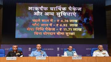 Union Defence Minister Rajnath Singh with three services chiefs General Manoj Pande (Army), Air Chief Marshal VR Chaudhari and Admiral R Hari Kumar (Navy) during a press conference at National Media Center, in New Delhi, Tuesday.