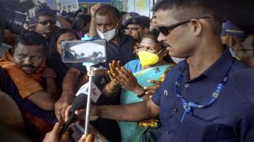 NDAs Presidential candidate Droupadi Murmu being greeted by supporters as she arrives at Biju Patnaik International Airport to leave for New Delhi, in Bhubaneswar, Thursday, June 23, 2022. 