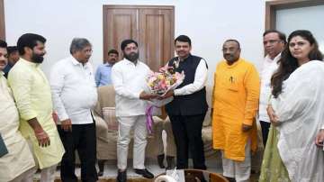  
Rebel Shiv Sena leader Eknath Shinde along with supporting MLAs meet BJP leader and former Chief Minister Devendra Fadnavis and other state BJP leaders, in Mumbai, Thursday, June 30, 2022.