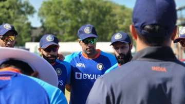 Ashwin in a team huddle ahead of India's game against Leicestershire.