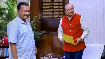 Delhi Lt. Governor Vinai Kumar Saxena with Chief Minister Arvind Kejriwal.