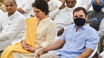 Congress leaders Rahul Gandhi, Priyanka Gandhi and other senior party leaders during a meeting at AICC office, after the former was summoned for questioning in the National Herald case