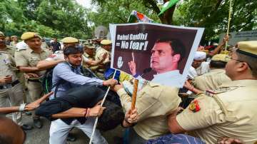Congress workers being detained during a protest march outside the AICC headquarters ahead of party leader Rahul Gandhis second appearance before the Enforcement Directorate (ED) in the National Herald case on Tuesday, June 14, 2022.