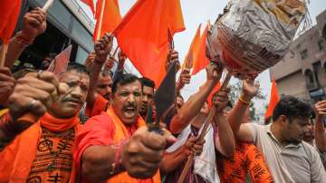 Rashtriya Bajrang Dal activists protest against the killing of a tailor in Udaipur.