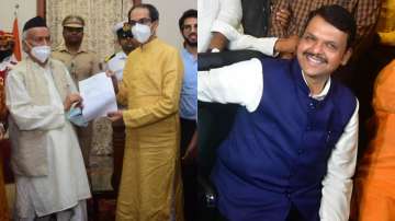 Uddhav Thackeray (Left) resigns as Maharashtra Chief Minister. BJP leader Devendra Fadnavis celebrates. 