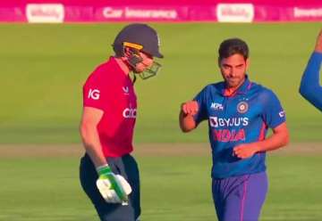 A still after Kumar dismisses Buttler in the 1st T20.