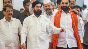 Maharashtra CM Eknath Shinde with rebel Shiv Sena MLAs during the Special session of Maharashtra Assembly, at Vidhan Bhavan in Mumbai, Monday, July 4, 2022.