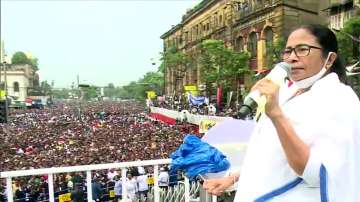 West Bengal Chief Minister Mamata Banerjee addresses public gathered at TMC's Martyr's Day Rally in Kolkata's Esplanade.
