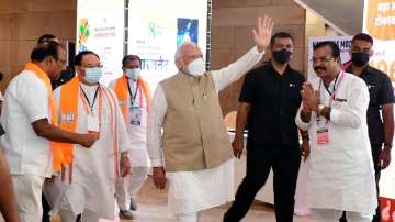 Prime Minister Narendra Modi waves as he arrives to attend BJPs National Executive Meeting at HICC in Hyderabad, Saturday, July 2, 2022. 