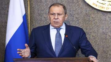 In this handout photo released by Russian Foreign Ministry Press Service, Russian Foreign Minister Sergey Lavrov gestures during a joint news conference with Egyptian Minister of Foreign Affairs Sameh Shoukry, following their talks in Cairo, Egypt, Sunday, July 24, 2022.