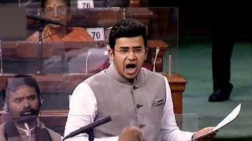 BJP MP Tejasvi Surya speaks in the Lok Sabha during ongoing Budget Session of Parliament, in New Delhi, Wednesday, Feb. 9, 2022. 
