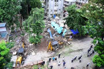 Skeletal remains of the dilapidated and vacant Gitanjali Building after its collapse, at Borivali area in Mumbai,