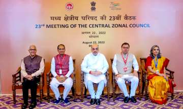 Union Home Minister Amit Shah with Uttarakhand Chief Minister Pushkar Singh Dhami, Madhya Pradesh Chief Minister Shivraj Singh Chouhan and other dignitaries during the 23rd meeting of the Central Zonal Council of Madhya Pradesh, Uttar Pradesh, Uttarakhand and Chhattisgarh, in Bhopal, Monday,