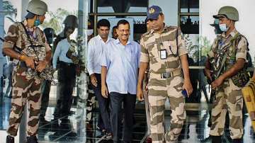 Delhi Chief Minister and AAP Convener Arvind Kejriwal arrives at Porbandar Airport, in Gujarat.