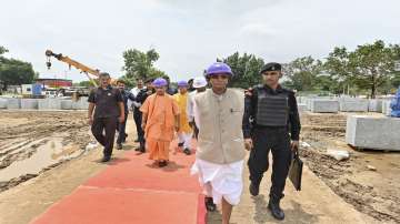 Uttar Pradesh Chief Minister Yogi Adityanath with General Secretary of Shri Ram Janmabhoomi Teerth Kshetra Champat Rai and others during his visit to inspect the construction works of Ram Janmabhoomi Temple, in Ayodhya. (Representational image)