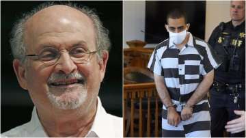 (L) Salman Rushdie, (R) Hadi Matar arrives for an arraignment in the Chautauqua County Courthouse