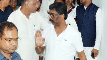 Jharkhand Chief Minister Hemant Soren with Jharkhand Congress In-charge Avinash Pandey during a meeting, amid speculation of his disqualification as an MLA, in Ranchi.