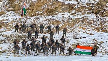 Indian Army soldiers pose for a photograph with the national flag on the occasion of New Year 2022, at the Galwan Valley in Ladakh. (Representational image)
