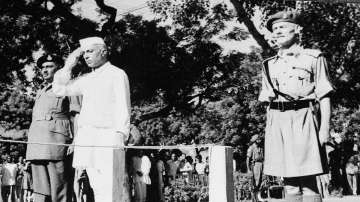 Jawaharlal Nehru salutes the flag as he becomes independent India's first prime minister on Aug. 15, 1947 during the Independence Day ceremony at Red Fort, New Delhi, India.