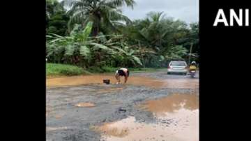 A man in Malappuram protested against potholes on roads in a unique way.