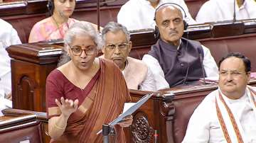 Union Finance Minister Nirmala Sitharaman speaks in the Rajya Sabha during ongoing Monsoon Session of Parliament, in New Delhi, Tuesday, Aug. 2.