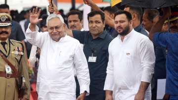 Bihar Chief Minister Nitish Kumar with Deputy Chief Minister Tejashwi Yadav during 76th Independence Day function, in Patna.