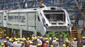 Workers busy in production of coaches of the Vande Bharat Express as media person document, at LHB Shed in Integrated Coach Factory (ICF) Chennai.