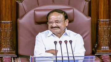 Outgoing Rajya Sabha Chairman M Venkaiah Naidu during his farewell in the House, in New Delhi, Monday.