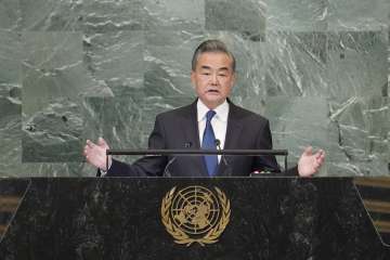 Foreign Minister of China Wang Yi addresses the 77th session of the United Nations General Assembly, Saturday, Sept. 24, 2022 at U.N. headquarters. 
